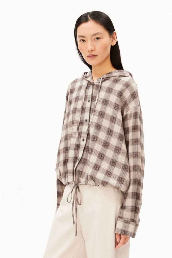 CHECK Hooded Blouse sandstone claystone